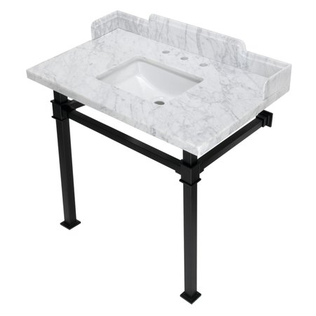 KINGSTON BRASS 36 Carrara Marble Console Sink with Stainless Steel Legs, Marble WhiteMatte Black LMS36MSQ0
